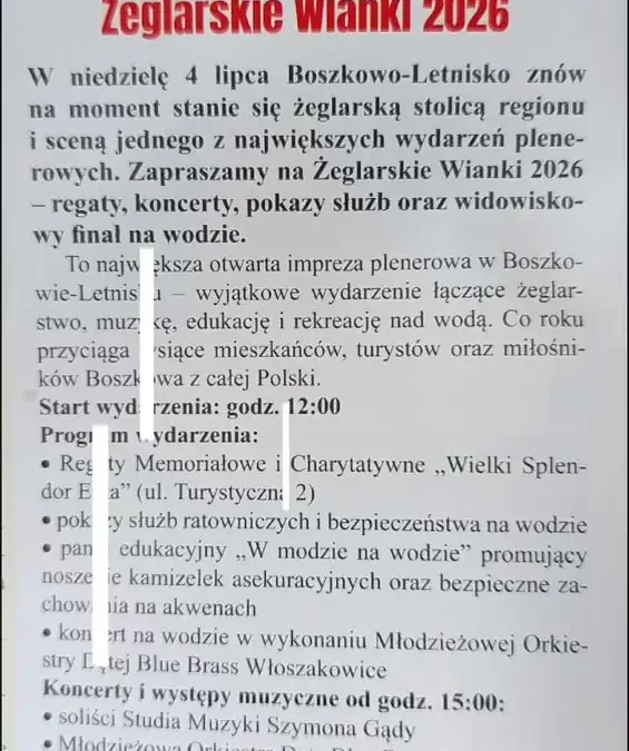 Żeglarskie Wianki 2026 w Boszkowie Letnisku – wielkie święto nad jeziorem