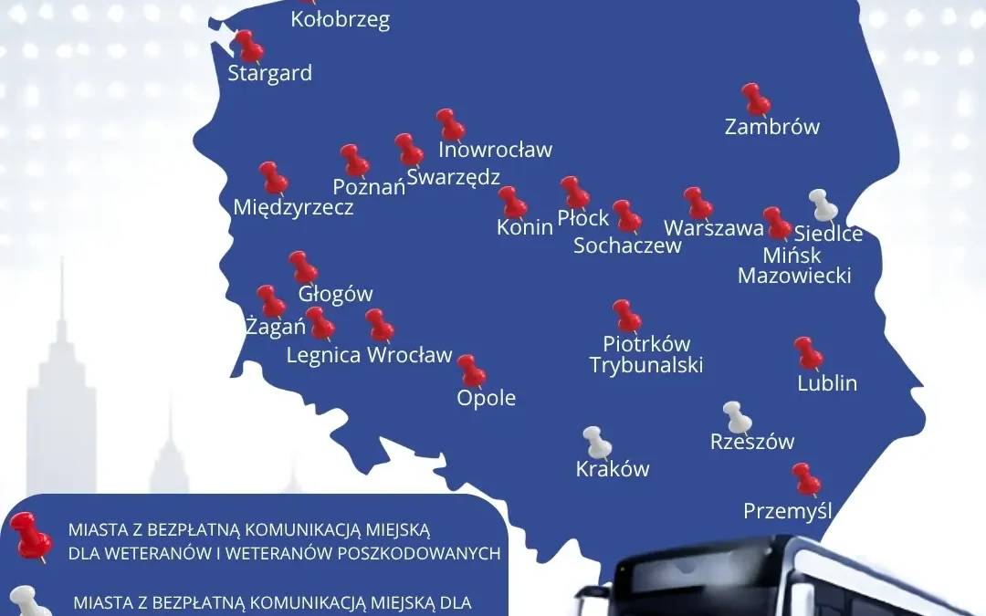 Mapa miast oferujących weteranom bezpłatne przejazdy komunikacją miejską