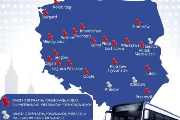 Mapa miast oferujących weteranom bezpłatne przejazdy komunikacją miejską