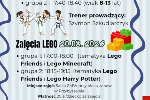 Wakacyjne zajęcia dla dzieci w Przybyszewie – taekwondo i LEGO w sierpniu