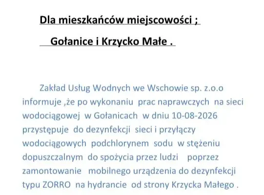 Prace naprawcze i dezynfekcja sieci wodociągowej w Gołanicach