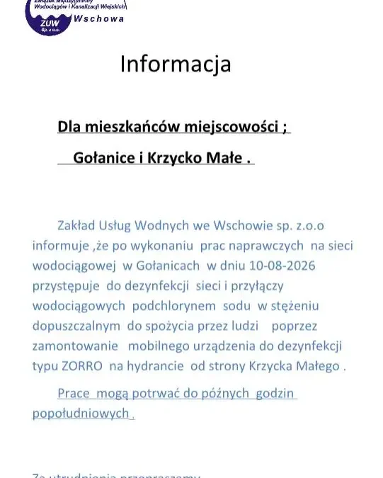 Prace naprawcze i dezynfekcja sieci wodociągowej w Gołanicach