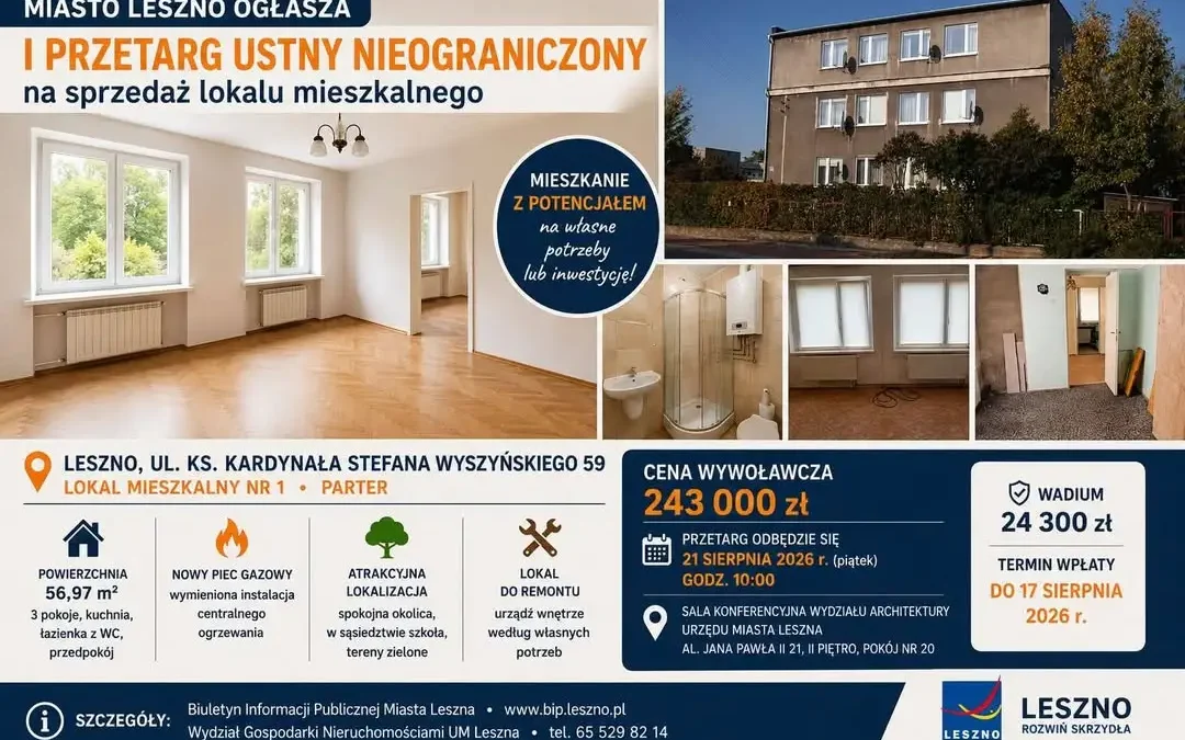 Mieszkanie z potencjałem na sprzedaż! Miasto Leszno ogłasza przetarg