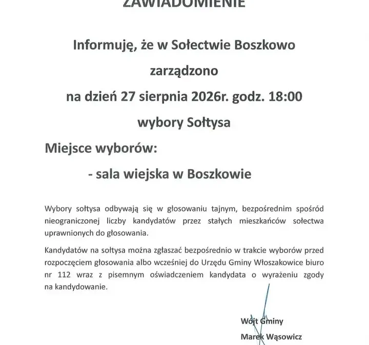Sołectwo Boszkowo wybiera sołtysa – zebranie mieszkańców w czwartek
