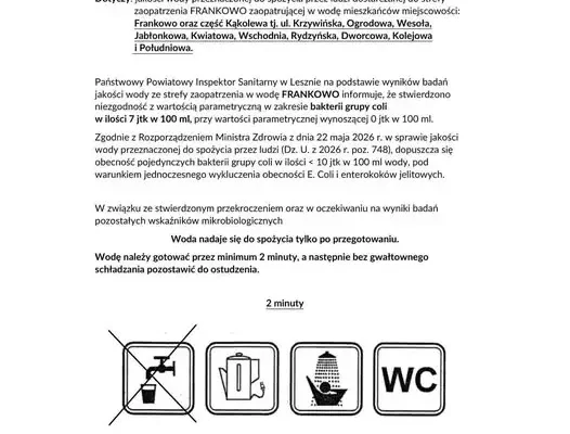 UWAGA! Woda w Frankowie i części Kąkolewa tylko po przegotowaniu