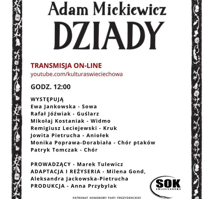 Narodowe Czytanie 2026 w Święciechowie: „Dziady” online już 5 września