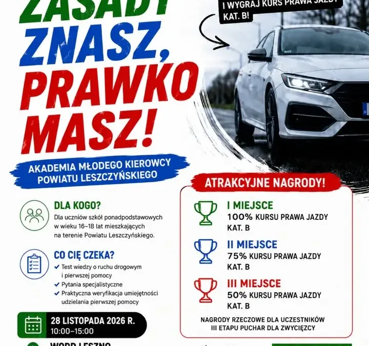 Konkurs „Zasady znasz – prawko masz!” dla młodzieży z Powiatu Leszczyńskiego