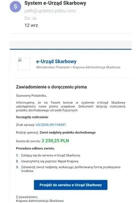 Oszuści podszywają się pod Krajową Administrację Skarbową. Urząd ostrzega przed fałszywymi mailami o zwrocie podatku