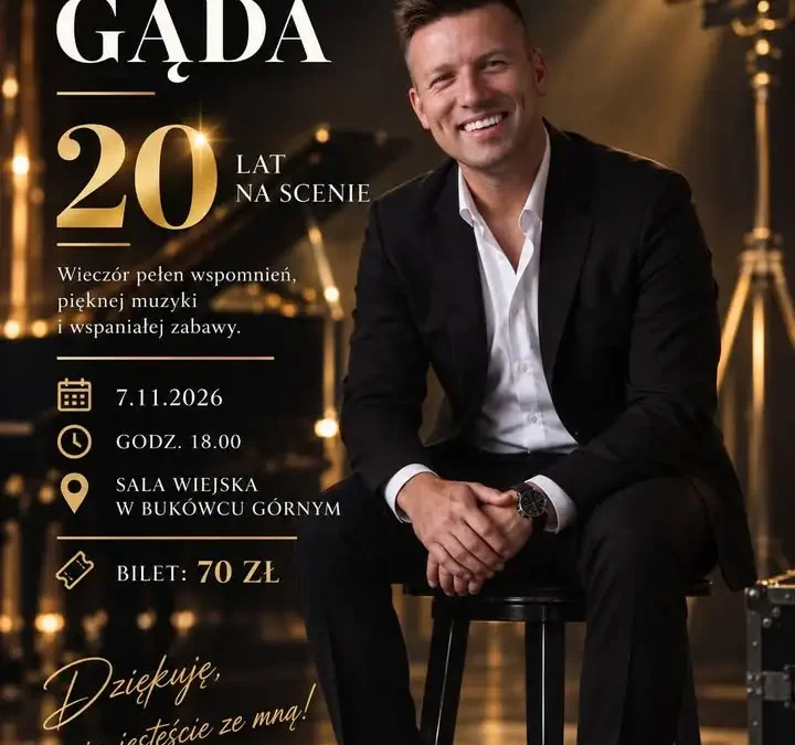 Koncert jubileuszowy Szymona Gądy – 20 lat na scenie. Zaproszenie do Bukówca Górnego