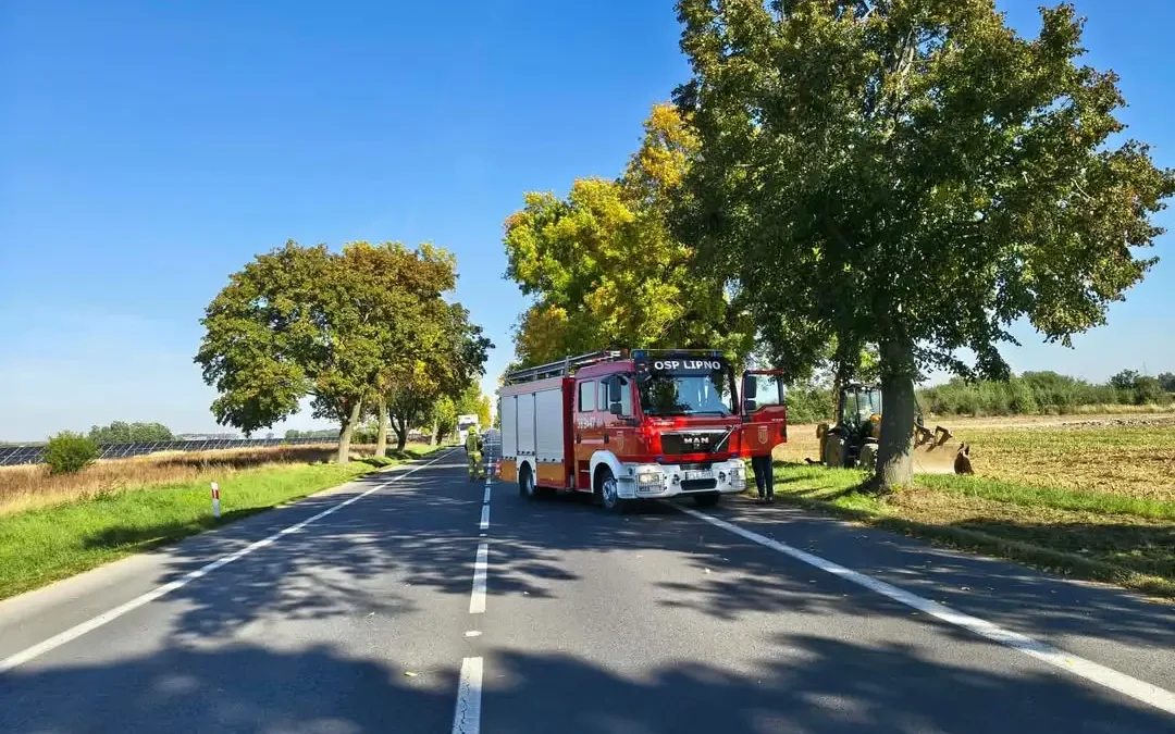 Złamana gałąź spadła na traktor w Karolewku – interwencja strażaków z OSP Lipno