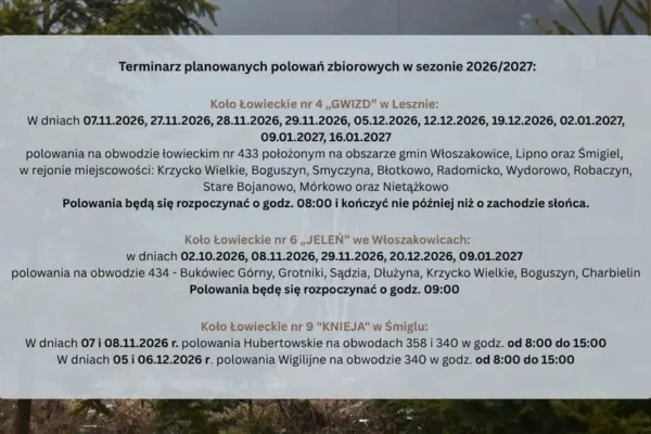 Terminarz polowań zbiorowych w gminie Włoszakowice na sezon 2026/2027