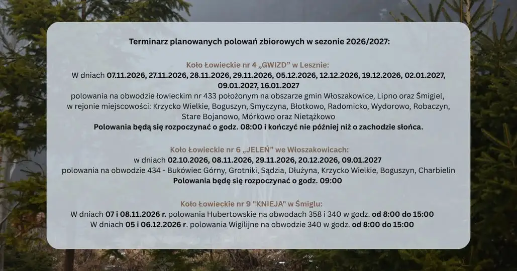 Terminarz polowań zbiorowych w gminie Włoszakowice na sezon 2026/2027