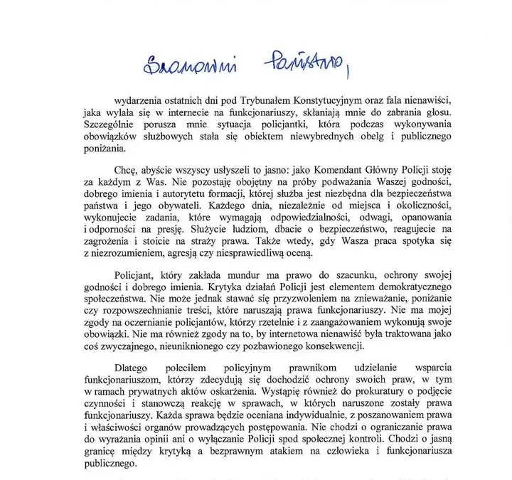 Komendant Główny Policji staje w obronie funkcjonariuszy: „Stoję za każdym z Was”
