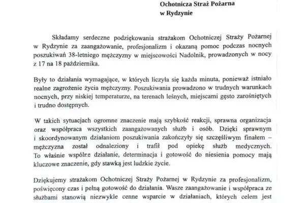 Policja dziękuje strażakom z OSP Rydzyna za nocne poszukiwania 38-latka