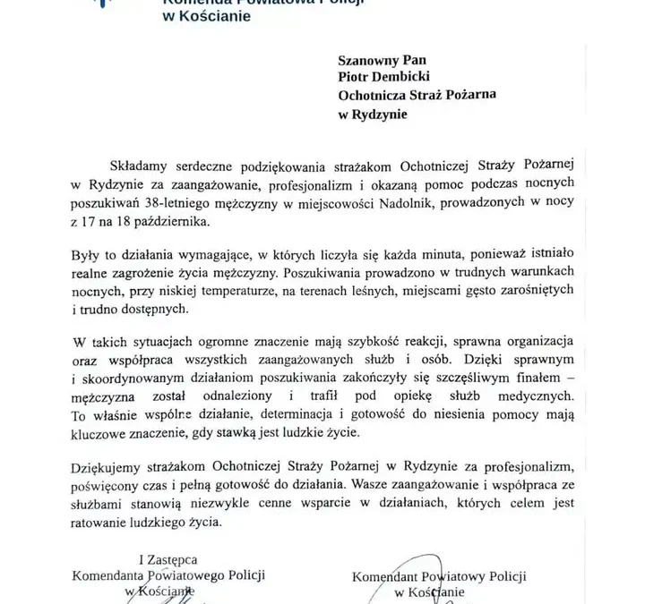 Policja dziękuje strażakom z OSP Rydzyna za nocne poszukiwania 38-latka