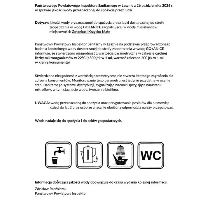 Woda w Gołanicach i Krzycku Małym z przekroczeniem mikroorganizmów – sanepid wydał komunikat